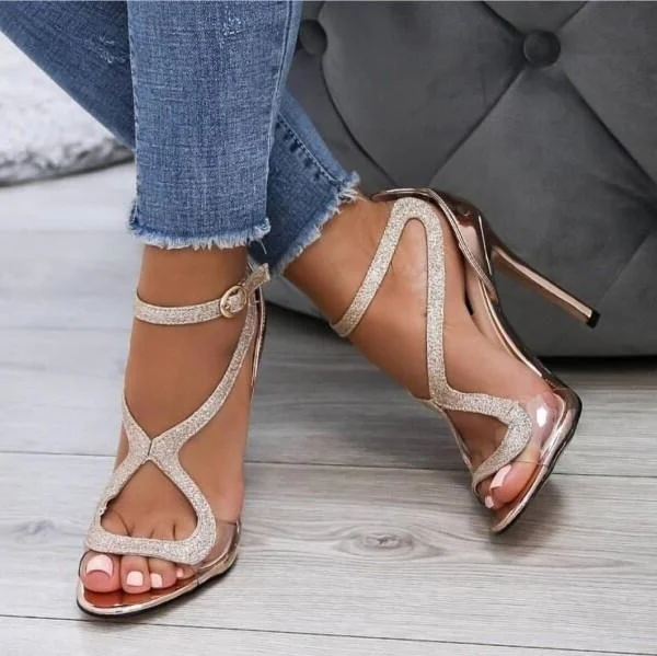 

Elegant Glitter Rose PVC Strap Women Sandals Cut-out Gold Shoes Open Toe Stiletto Heels Prom High Heels Gladiator Sandals