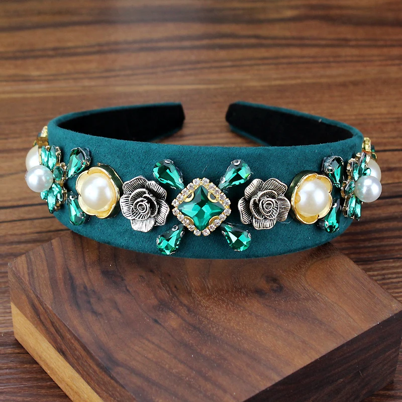 flower headband Ручной работы Винтаж зеленое, в стиле барокко с украшением в виде кристаллов и бисером Повязка элегантные стразы жемчужные ободки для Для женщин вечерние аксессуары для волос - Окраска металла: flower headband