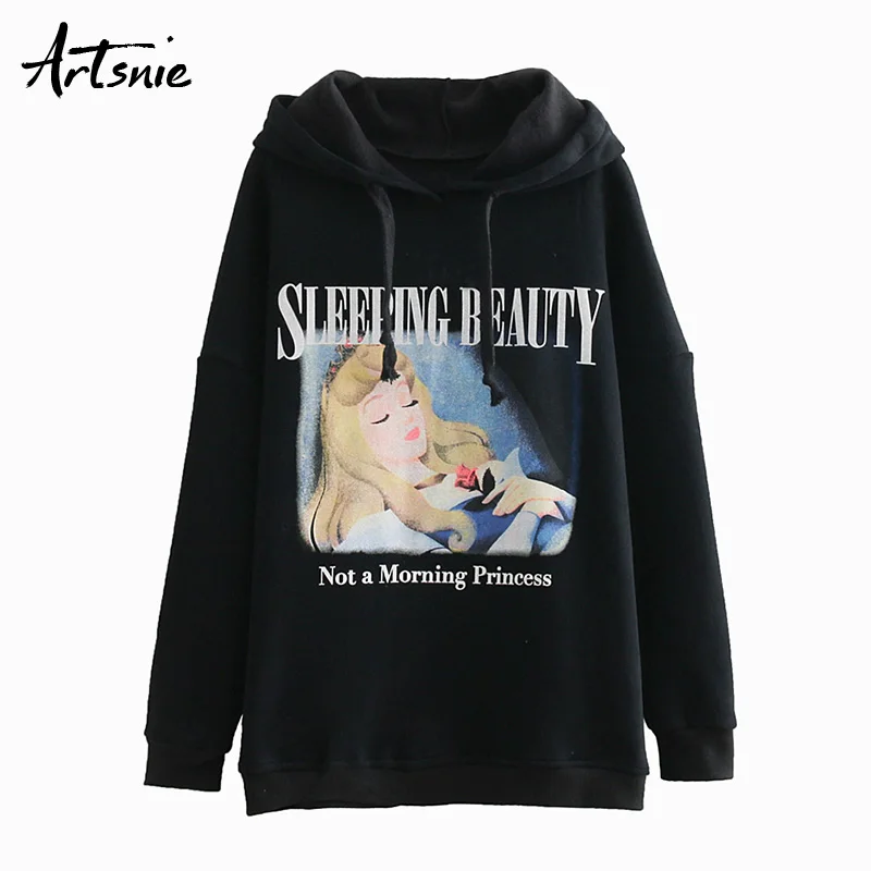  Artsnie Spring 2019 Cartoon Hoodies Sweatshirt Women O Neck Drop Sleeve Loose Oversized Hoodie Stre