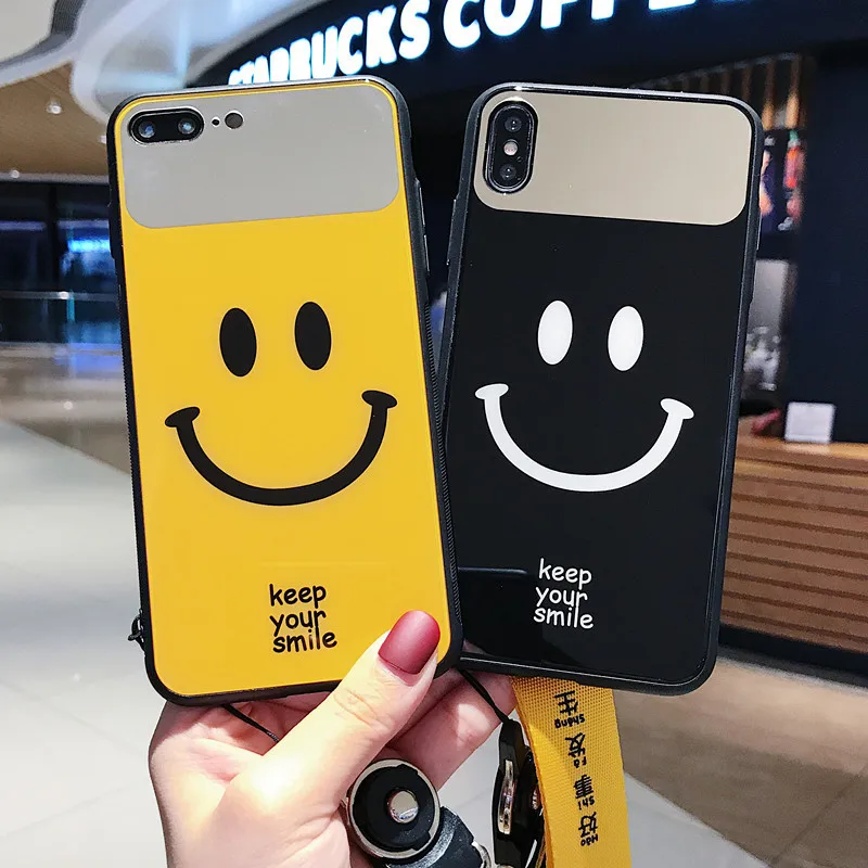 Простой креативный зеркальный чехол для телефона со смайликом для IPhone 11 Pro XS Max XR 7 8 6S Plus модный ремешок из закаленного стекла