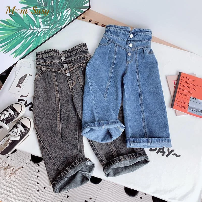 

Fashion Baby Girl Jean Pant Cotton Wide Leg Toddler Teen Child Denim Trousers High Waist Button Girl Loose Pant Clothes 2-14Y