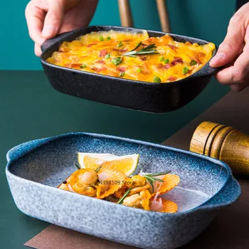 

Japanese-style tableware household ceramic baking tray breakfast tray western dishes oven special baking tableware handle plate