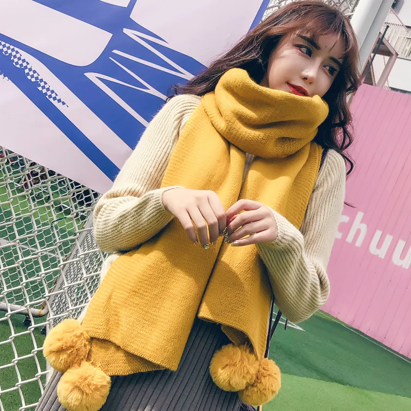 Корейский Помпон Мяч зимний шарф для женщин Мягкий теплый вязание Твердые шарфы серый платок Femme - Цвет: Цвет: желтый