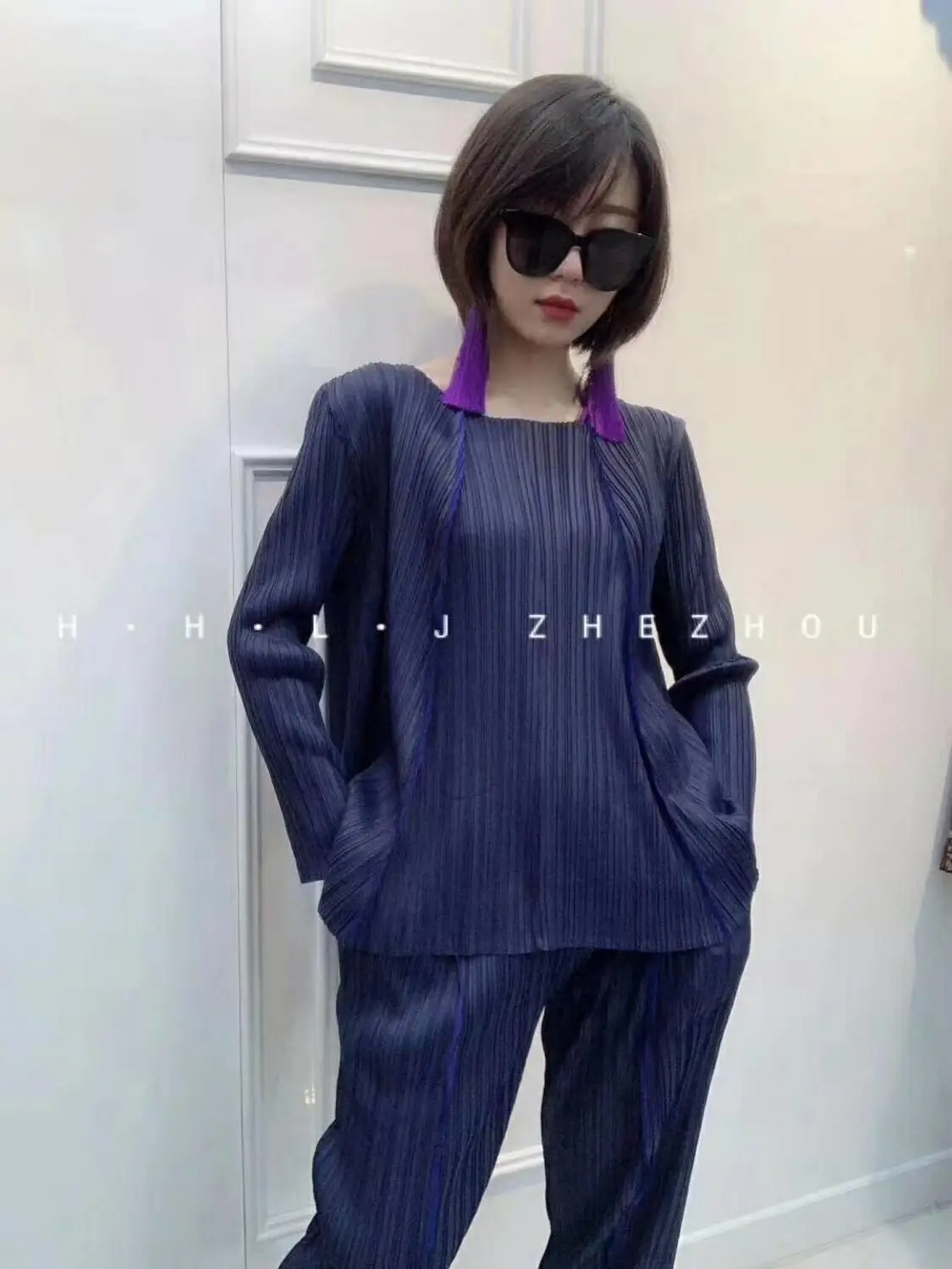 Miyake fashion suit fold o-neck long sleeve T-shirt+ nine points Harem pants two-piece outfit IN STOCK