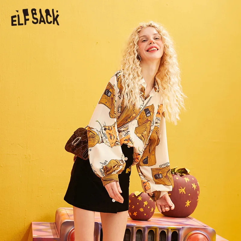  ELFSACK Fox Printed Vintage Chiffon Blouse Shirts Women 2019 Winter Korean Style Single Button Lant