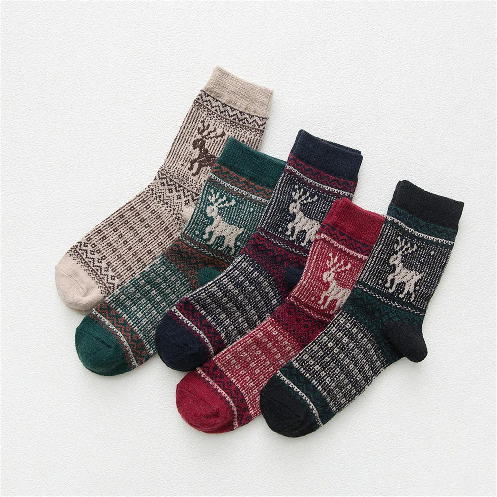 5 пар,, женские зимние носки с рождественским оленем, шерстяные теплые толстые носки