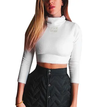 

Sexy Casual Womens Turtleneck Sweater White Crop Tops Pullover Sweater Women Tops Bottom Slim Sweaters 3FS
