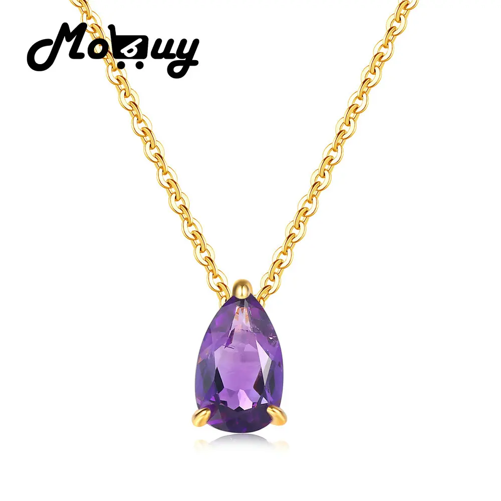 MoBuy Pendant Necklace For Women Water Drop 100% Natural Amethyst S925 Silver Yellow Gold Plated Fine Jewelry Gift MBNI072 | Украшения и