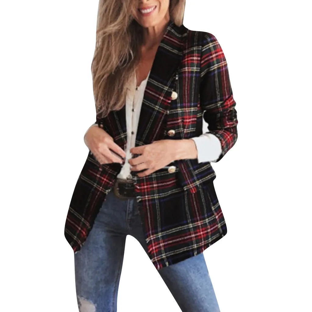 

feitong 2019 Autumn Winter Wool Women Plaid Pockets Blends Office Work Long Coats Fashion Brand Lady Slim Lapel Long Sleeve7#3a1