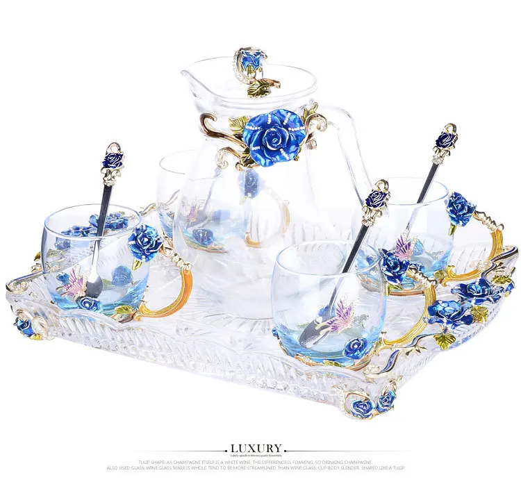 Enamel cup kettle set with tray and spoon heat-resistant glass household teacups Flower teapot coffee pot