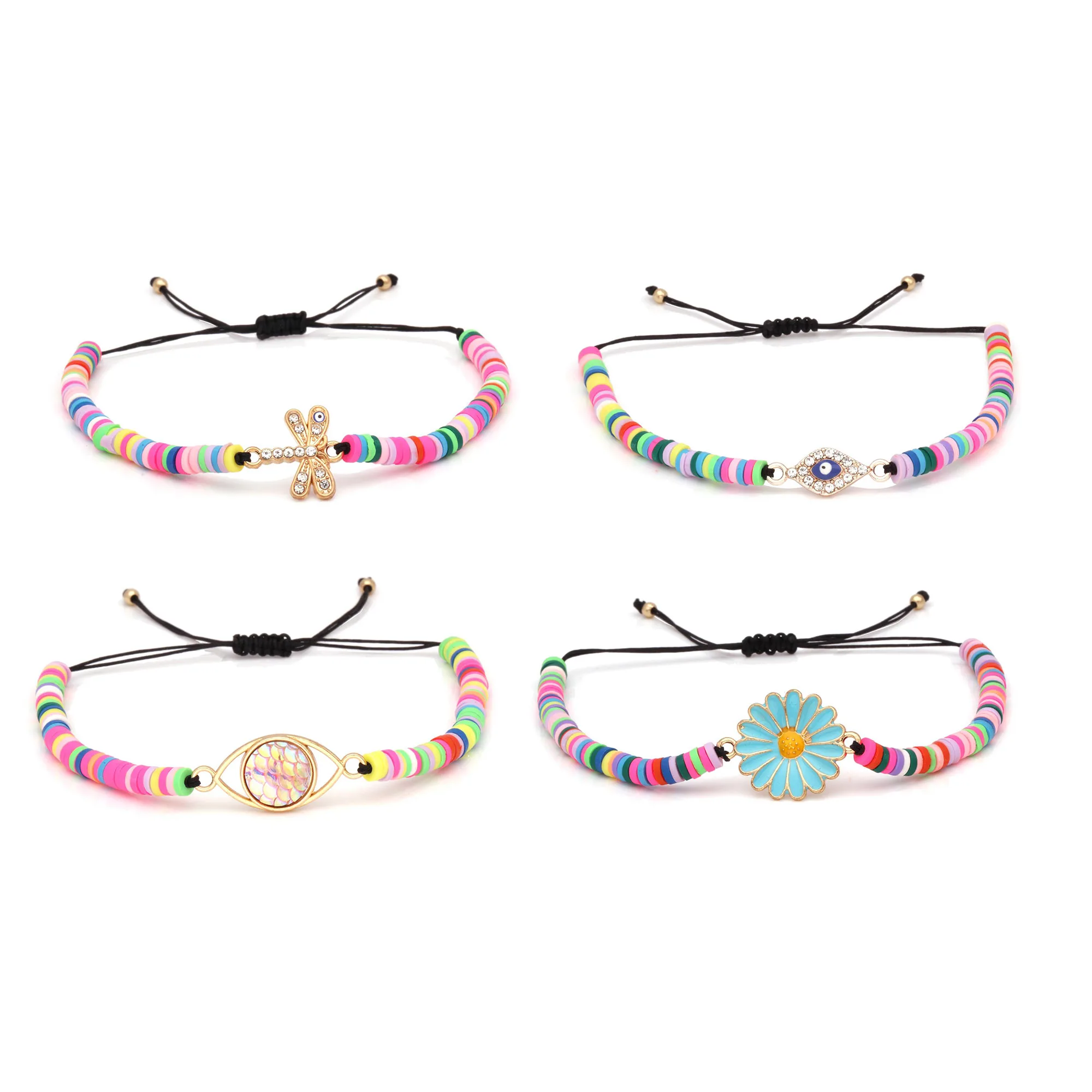 

Polymer Clay Beads Heishi Bracelet Colorful Rainbow Beads Evil Eye Infinity Love Daisy Dragonfly Turtle Clover Charm Bracelet