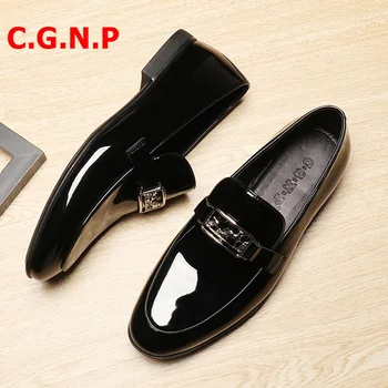 

C.G.N.P Black Patent Leather Loafers Men Gold Metal Buckle Slip On Leather Dress Shoes Luxury Men's Party And Prom Shoes