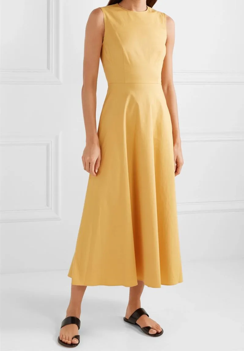 

Women Sleeveless Long Dress High Waist O Neck Solid Color Tank Dress