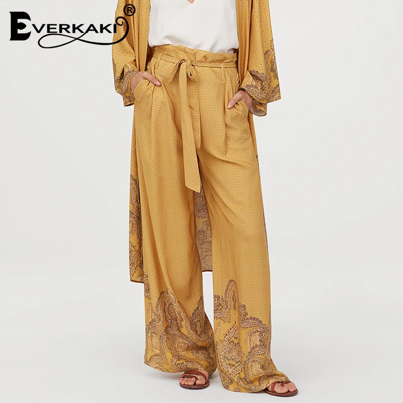 Everkaki Boho Длинные штаны женские пояса со шнуровкой винтажный узор печати богемные