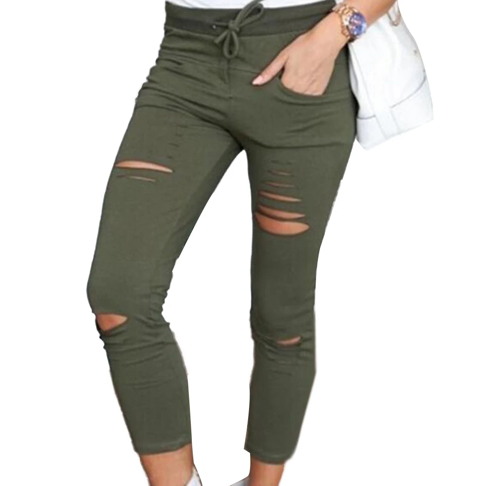 Plus Size Solid Color Womens trousers Drawstring High Waist Pencil Pants Ripped Skinny Womens trousers sports pants Leggings leggings