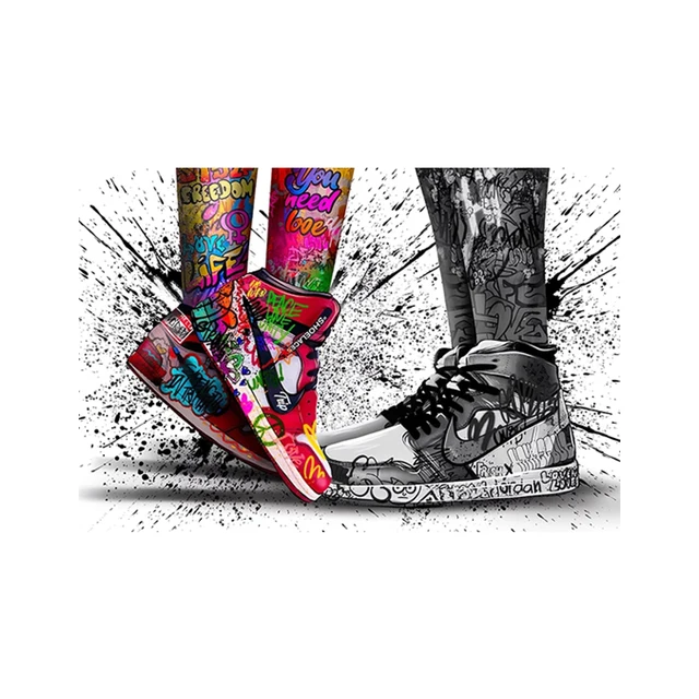 Modern couple sneakers canvas paintings, street art graffiti wall paintings and posters, family living room decoration paintings as the picture shows