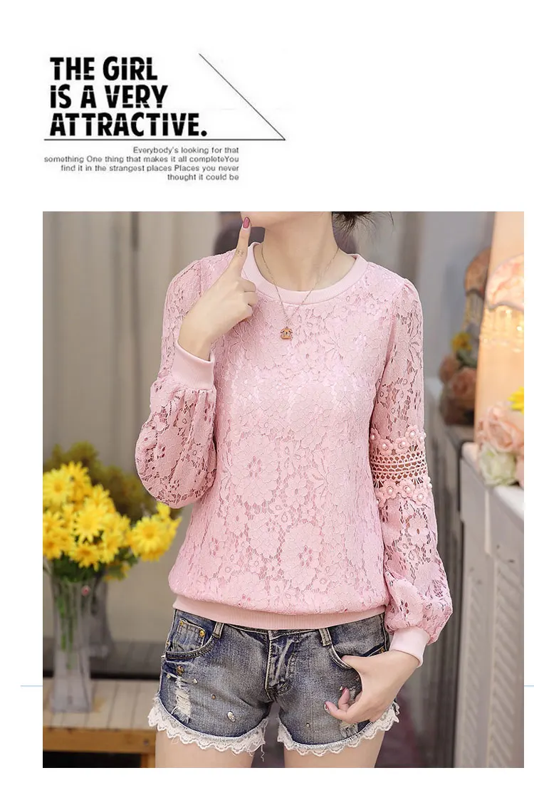 Весна Blusa бисером кружева Топы Блузка с кружевом Harajuku выдалбливают длинный рукав шифон женская рубашка одежда RQ422