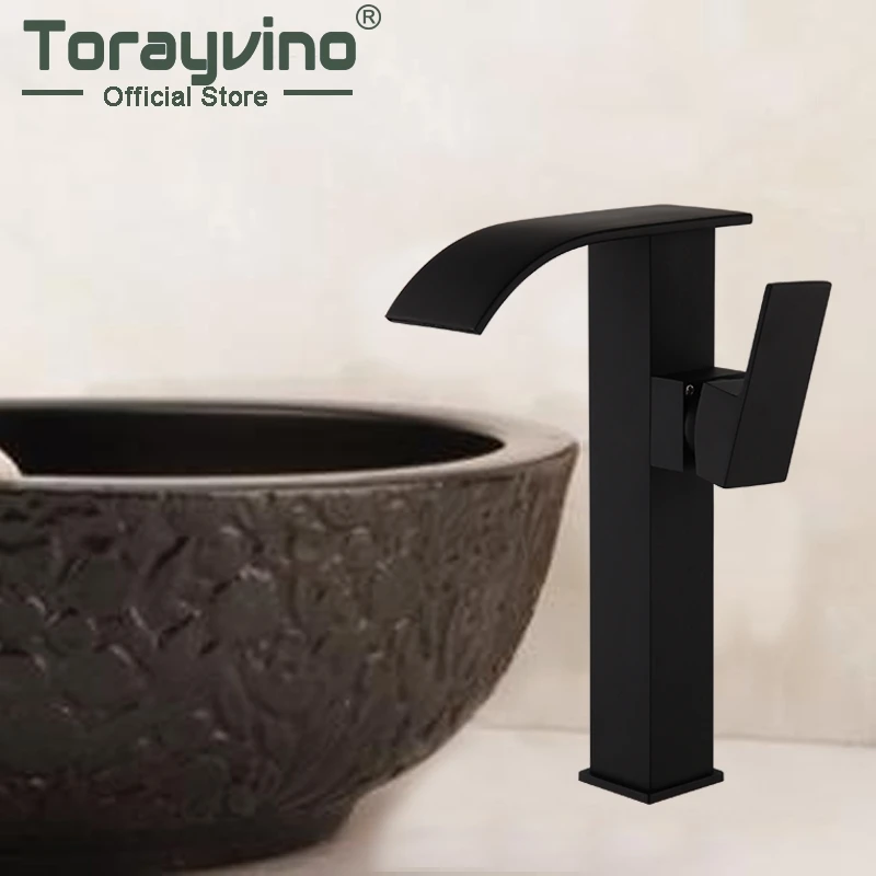 

Tall Water Taps Waterfall Faucet Bathroom Matte Black Brass Faucets Water Tap Handles Single Deck Mounted Hot & Cold Mixer Tap