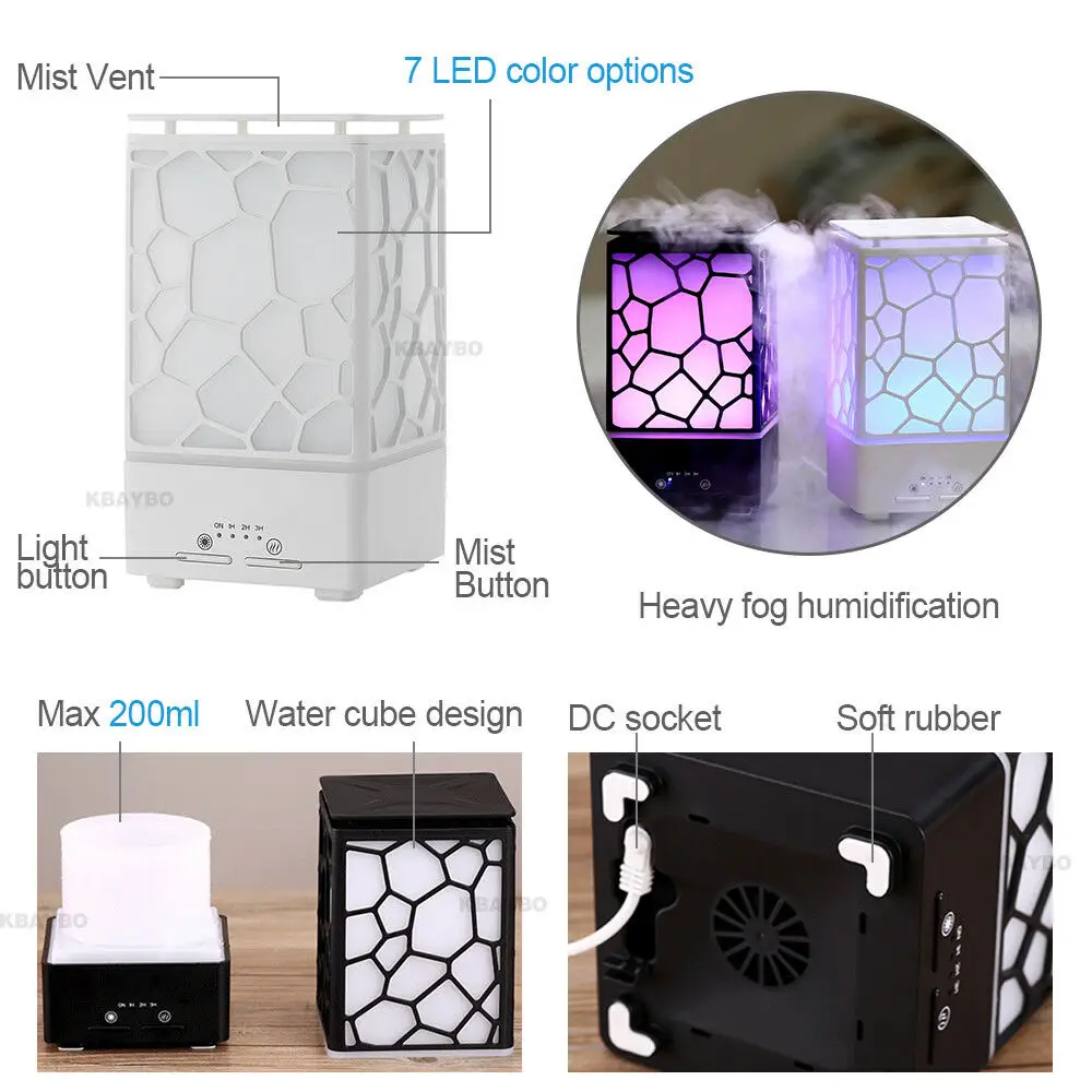 200ML Lamp Air Humidifier 7 Colorful Night Light Aroma Essential Oil Diffuser Auto Shut Off Ultrasonic Air Humidifier