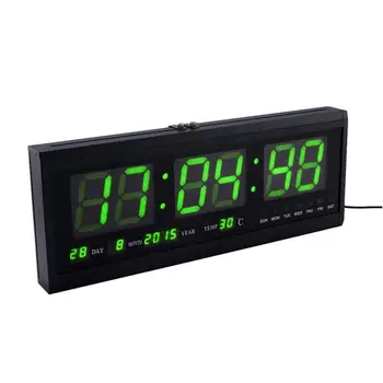

18.9 Large LED Calendar Wall Clock with Date Indoor Temperature for Living Room Office Conference Room Bedroom (Green Word)