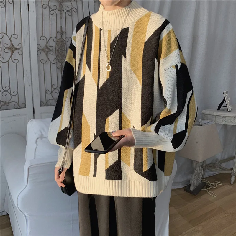 

My-Love Men's Korean Version Loose Lazy Sweater Handsome Versatile Knitwear Fashion Student Thread Geometric Contrast Sweater