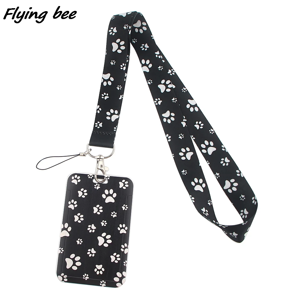 Flyingbee X1392-Llavero soporte para tarjeta de identificación, con estampado de pata de cachorro negra, cordón para tarjeta de identificación, para gimnasio