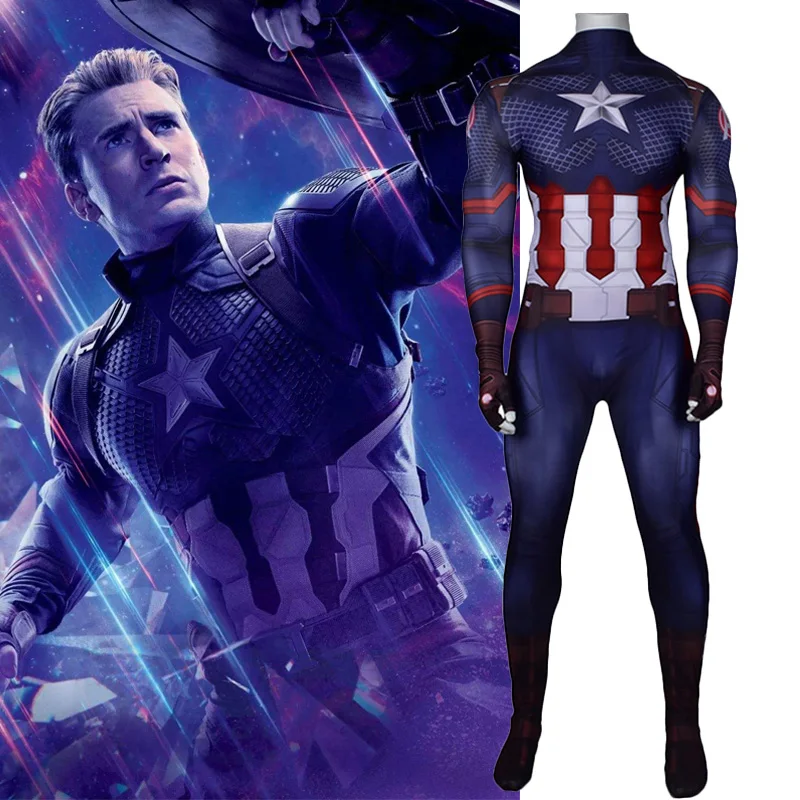 Avengers Endgame Captain America Cosplay Costume Zentai Superhero Jumpsuit Adults Men 3D Design One-Piece Bodysuit