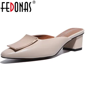 

FEDONAS Spring Summer Genuine Leather Women Mules Newest Square Toe Thick Heels Pumps Classic Design Working Basic Shoes Woman
