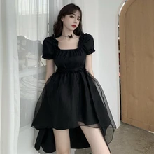 

Japanese Harajuku Summer Women Black Mini Dress Square Collar High Waist Puff Sleeve Dress Gothic Lace Ruffles Cosplay Dresses