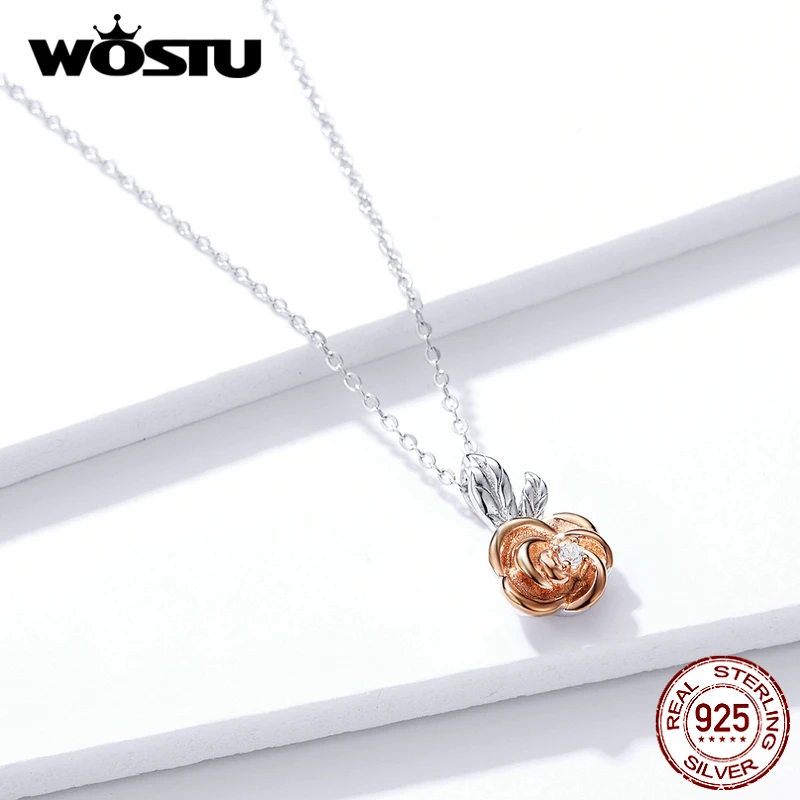 WOSTU Новая мода реальные 925 пробы Серебряная роза цветок Цепочки и ожерелья розовое золото звено цепи для Для женщин Свадебная стерлингового серебра 925 ювелирных изделий CTN155