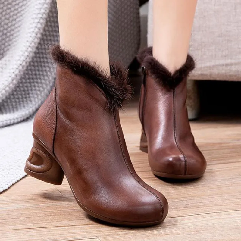 

Women winter boots Leather high heel ankle boots Women's warm boots with cotton short boots black heels booties topuklu bot boty