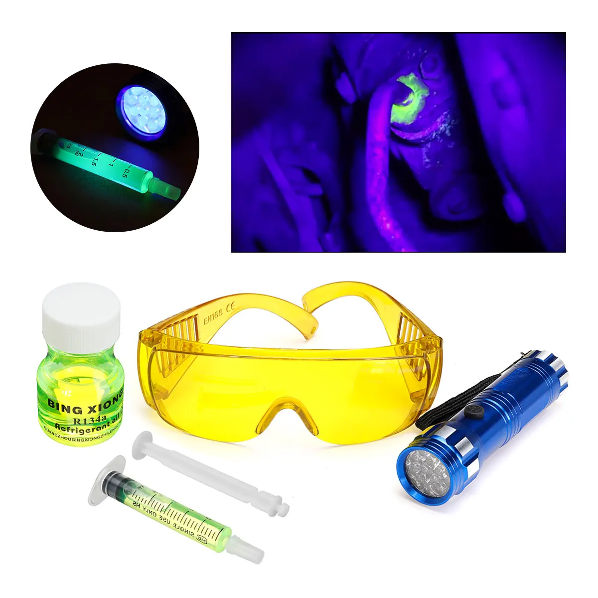Car Air Conditioning A C System Leak Test Detector Kit LED UV Flashlight Protective Glasses UV Dye Tool Set Sroomcla Automotive Air Conditioning Repair Tool 