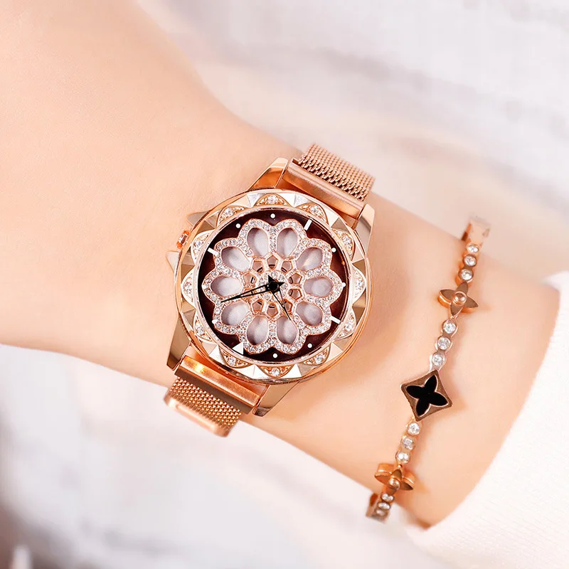 Счастливый женский раскошный ремешок для часов розовое золото вращающаяся шкала кварцевые часы, модный магнитные наручные часы relogio feminino