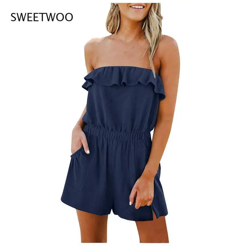Summer Women Fashion Sexy Solid Colors Sleeveless Off-Shoulder Backless Ruffles Leisure Pocket Beach Short Romper Jumpsuit