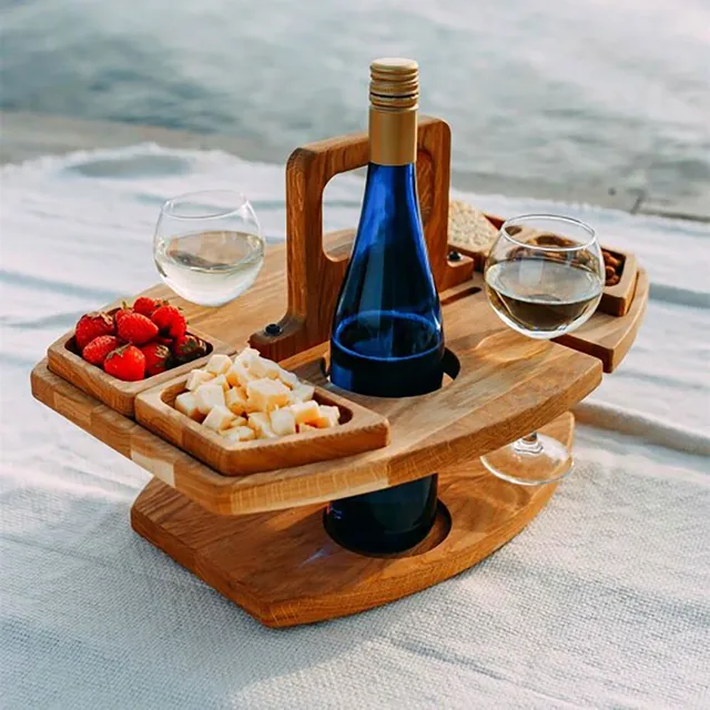 Portable Wooden Picnic Table with Wine Glass Holder  4