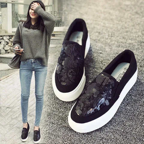 

Thick Bottomed Sequin Loafers Fashion Canvas Shoes Student 2019 Spring Versatile Korean-style Slip-on Foot Covering White Shoes