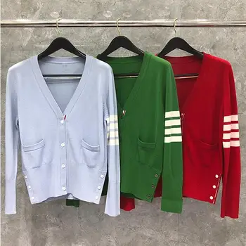 

2020 Fashion TB THOM Brand Sweaters Women Slim Fit O-Neck Cardigan Clothing Striped Wool Solid Winter Casual Coat