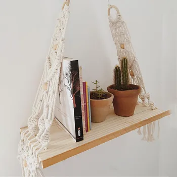

Bohemian Hand-Woven Wooden Shelf Macrame Stand Tapestry Wall Hanging Rope Shelf Wall Floating Shelves Plant Rack Home Decor