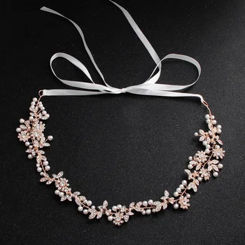 

Rose Gold Crystal Brides Headband Wedding Hair Accessories Vintage Pearl Leaf Flower Tiaras Hairbands Gold Bridal Hair Jewelry