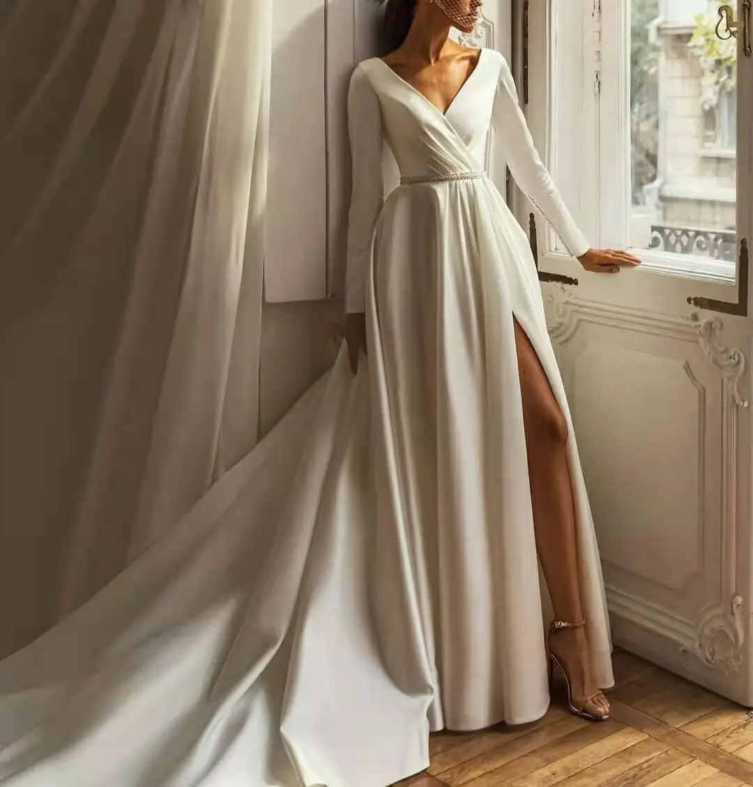 

Elegant Long A-Line Satin Wedding Dresses with Pockets Floor Length V-Neck Vestidos de novia Abendkleider Bridal Gowns for Women