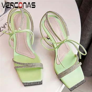 

VERCONAS Women Thin Heels Lace Up High Quality Thick Heels Basic Shoes Square Toe Sandals Summer Concise Slippers Shoes Woman