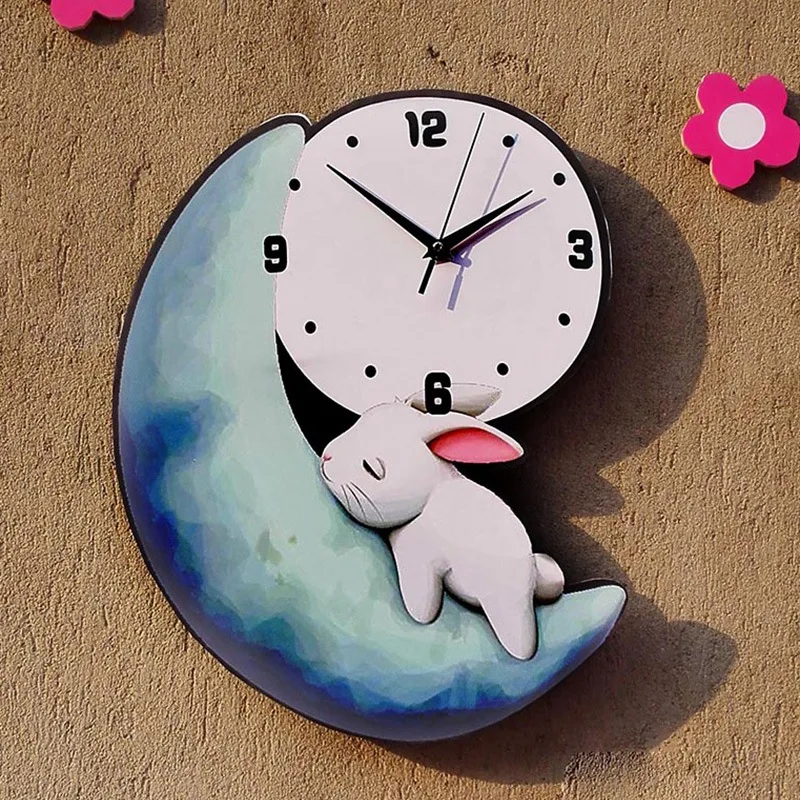 

Creative Fashion Wall Clock Bedroom Silent Clock Cartoon Painted Cute Moon Rabbit Wall Clock