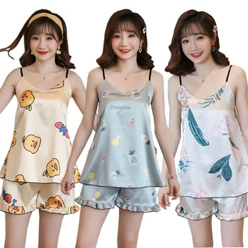 

2020 Women's Home Cloth Pyjamas with Chest Pad Print Summer Sleepwear Set New Thin Silk Sling Shorts Dee Sexy Pajama Set Sling