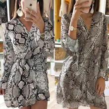 Women Leopard Snake Print Striped Dress Sexy V-Neck Long Sleeve Party Elegant Dress Autumn New Fashion A-line Mini Dresses