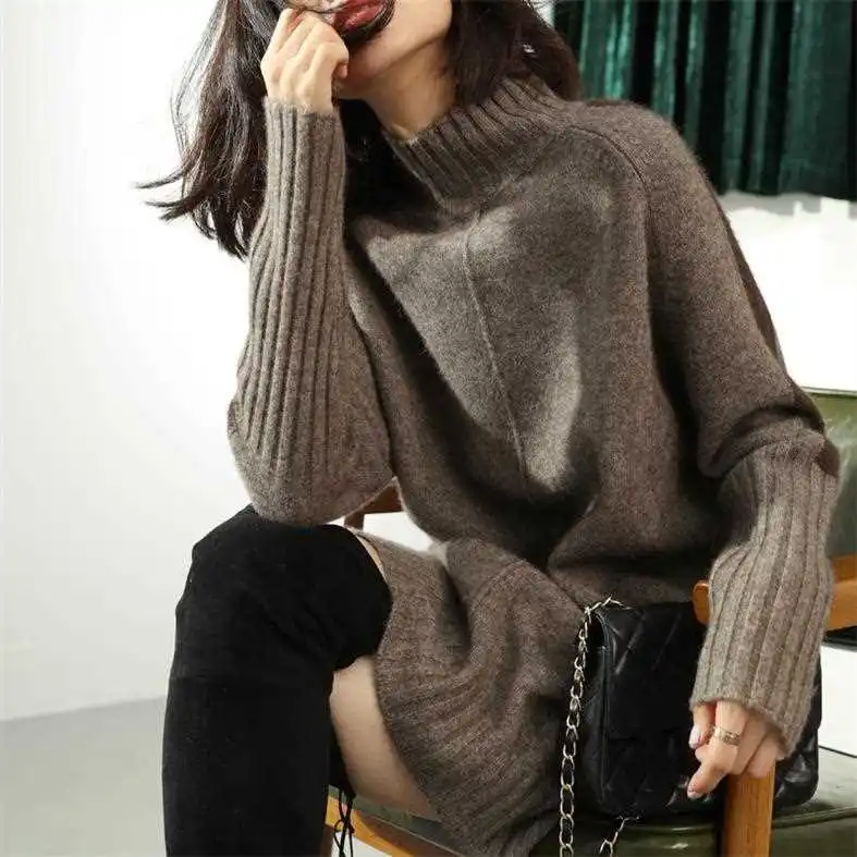

Autumn and winter half-high collar split long long loose hooded lazy wind sweater skirt bottoming sweater cashmere sweater