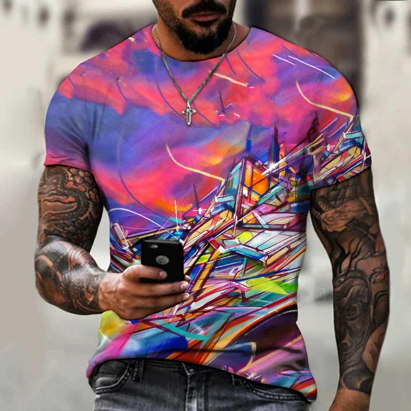 Colorful 3d graffiti printing men's T-shirt fashion tops 2021 summer casual breathable retro style cost-effective summer T-shirt
