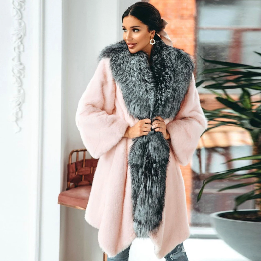 Pink Color Natural Women Mink Fur Coats with Silver Fox Fur Long Collar Winter Fashion 2022 New Full Pelt Mink Fur Coat Genuine
