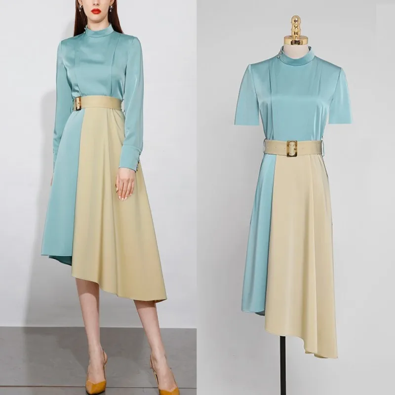 Stand Collar Women Dress For Summer 2021 New Arrival Elegant Hit Color