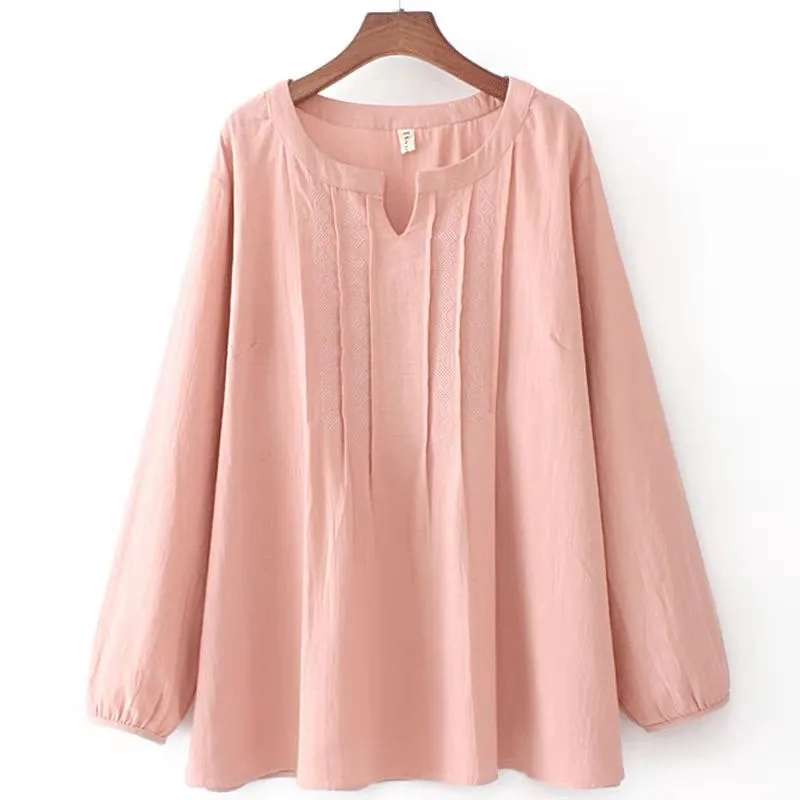 

2021 New Arrival Summer Arts Style Women Loose Casual Long Sleeve V-neck T Shirt All-matched Cotton Linen T-shirt W74