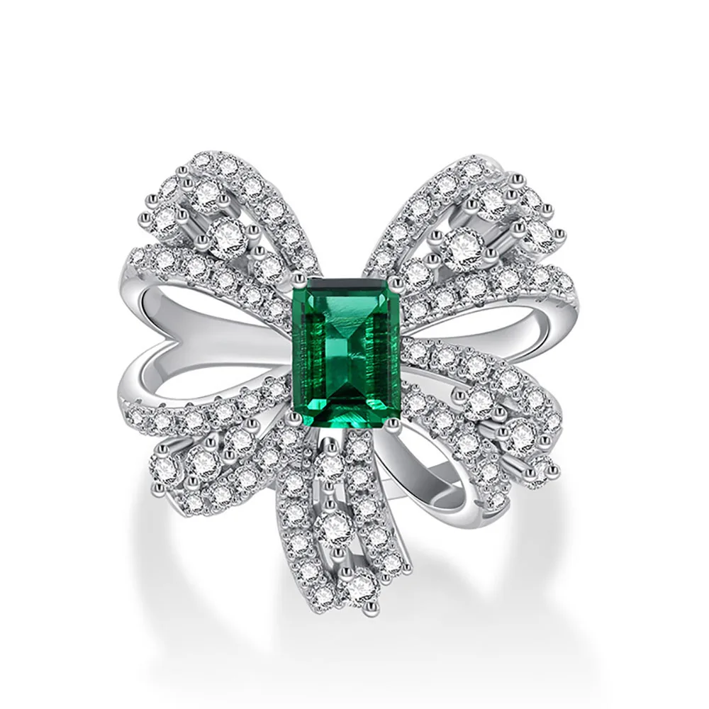 

100% Solid Silver 925 5x7MM Emerald Created Moissanita Bowknot Rings Wedding Engagement Bands Fine Jewelry Ring for Women